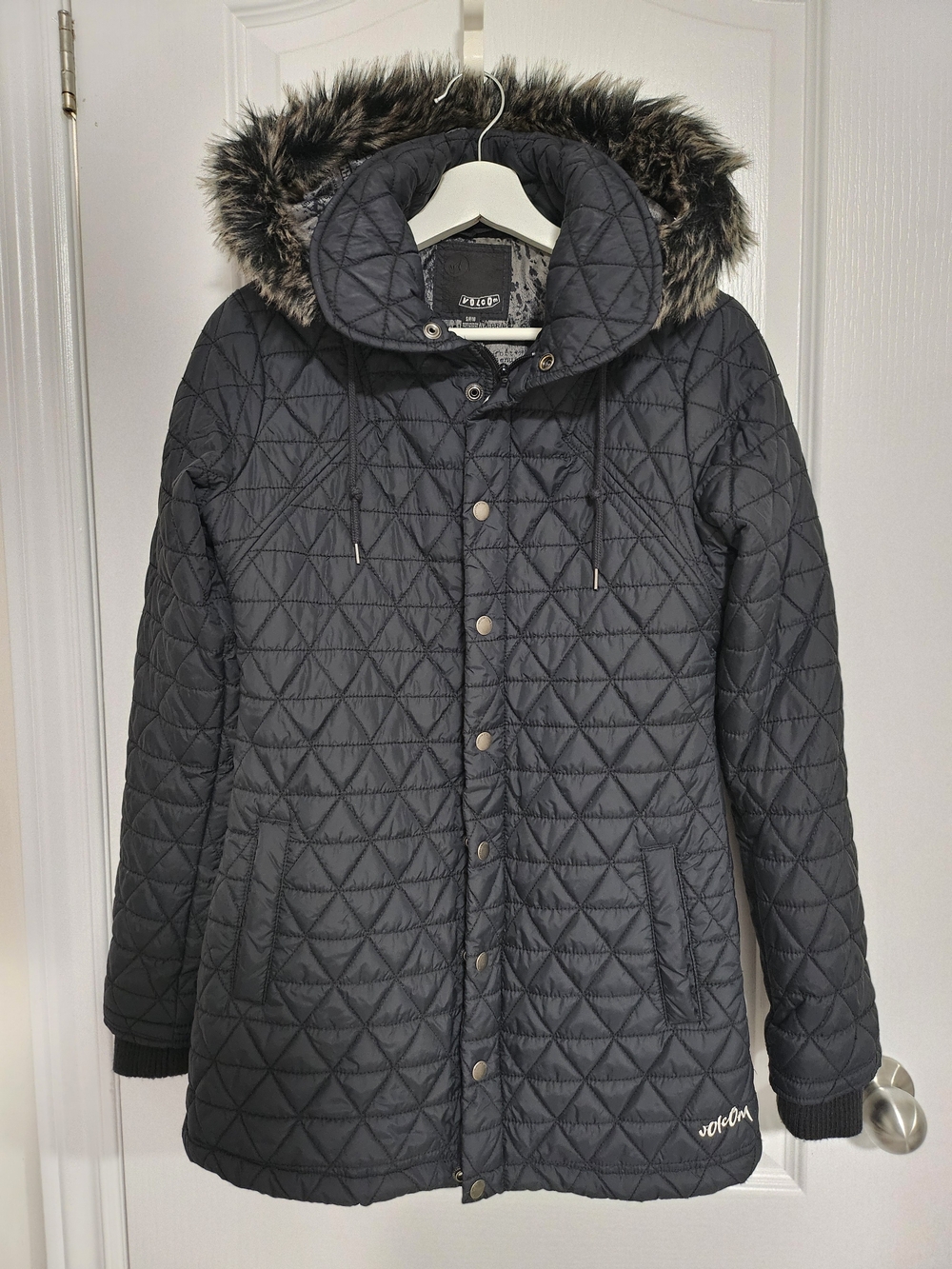 Volcom Women's Quilted Hooded Coat in Black with Faux Fur Trim